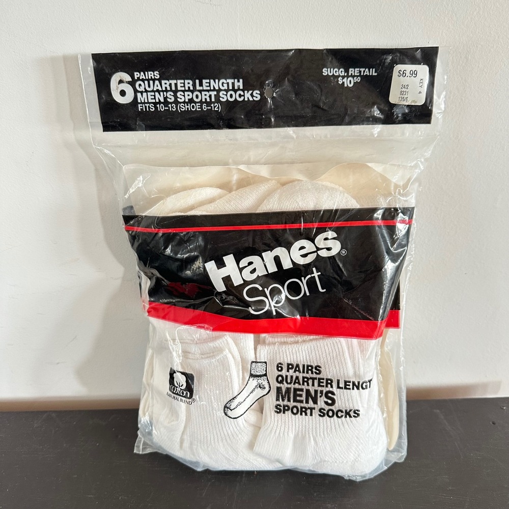 Vintage NOS Hanes Sport 6 Pack Quarter Length Mens White Sport Socks Fits 10-13